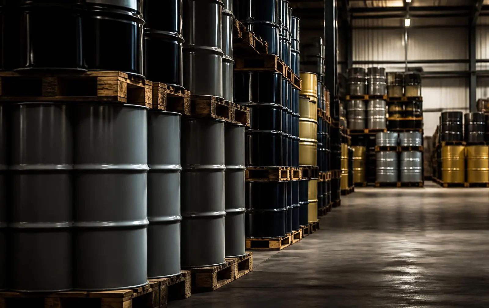 Industrial lubricant drums stacked in a warehouse