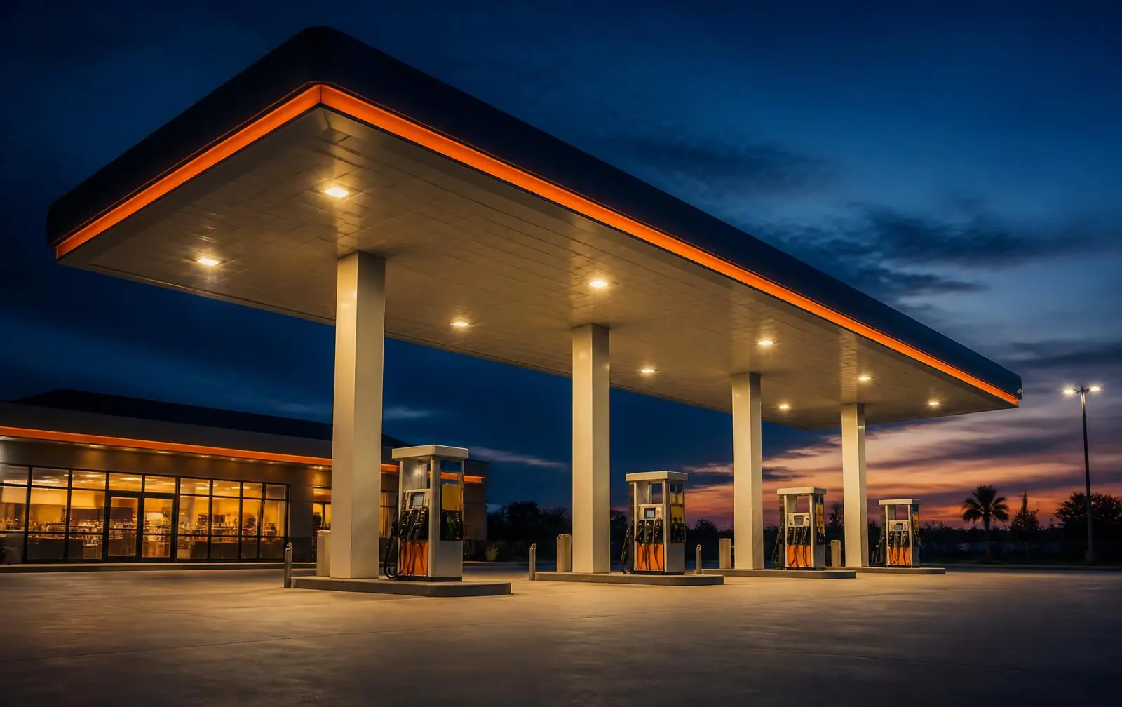 Fuel station forecourt at dusk