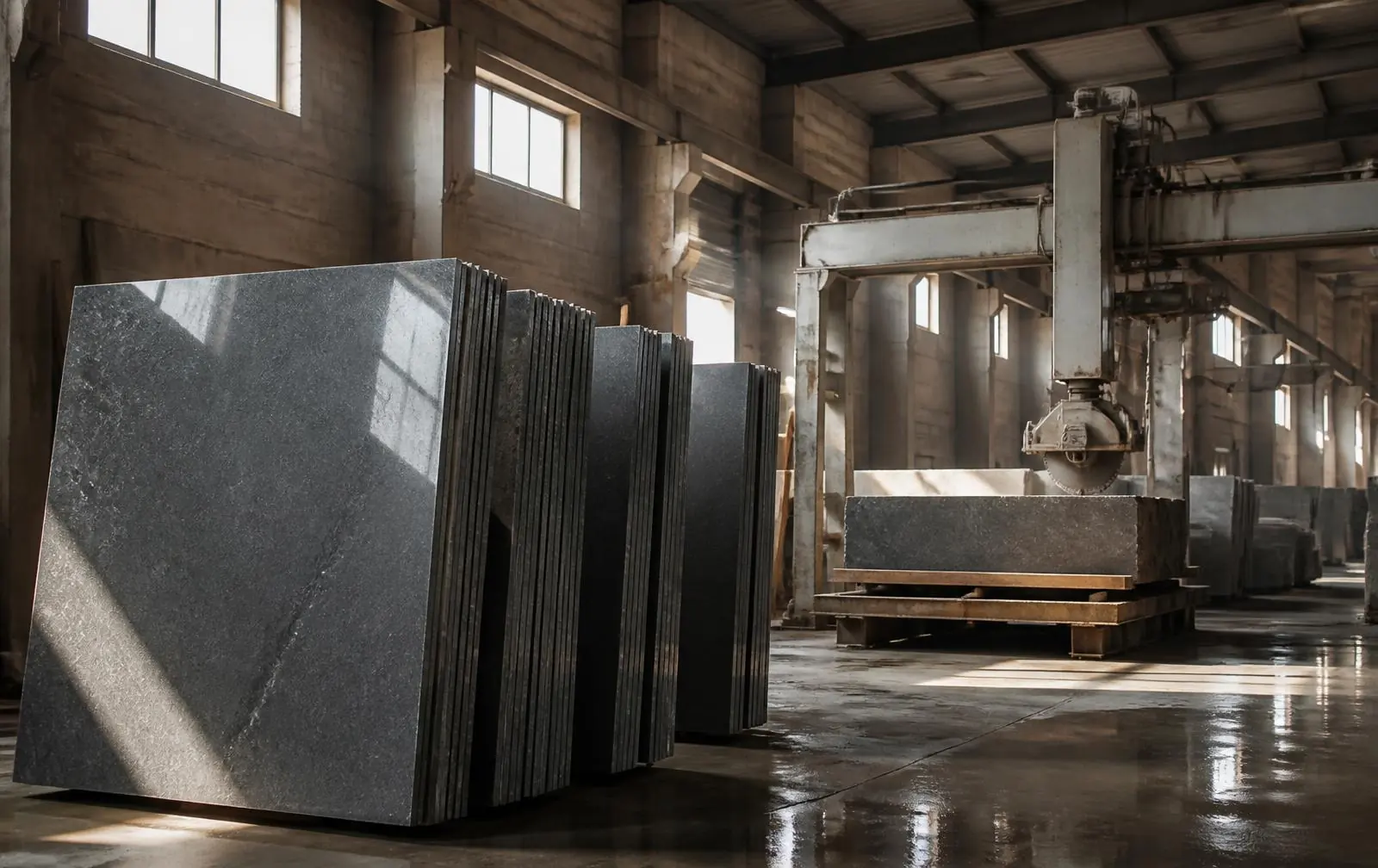 Polished Kota Stone slabs inside the Patidar Stones factory